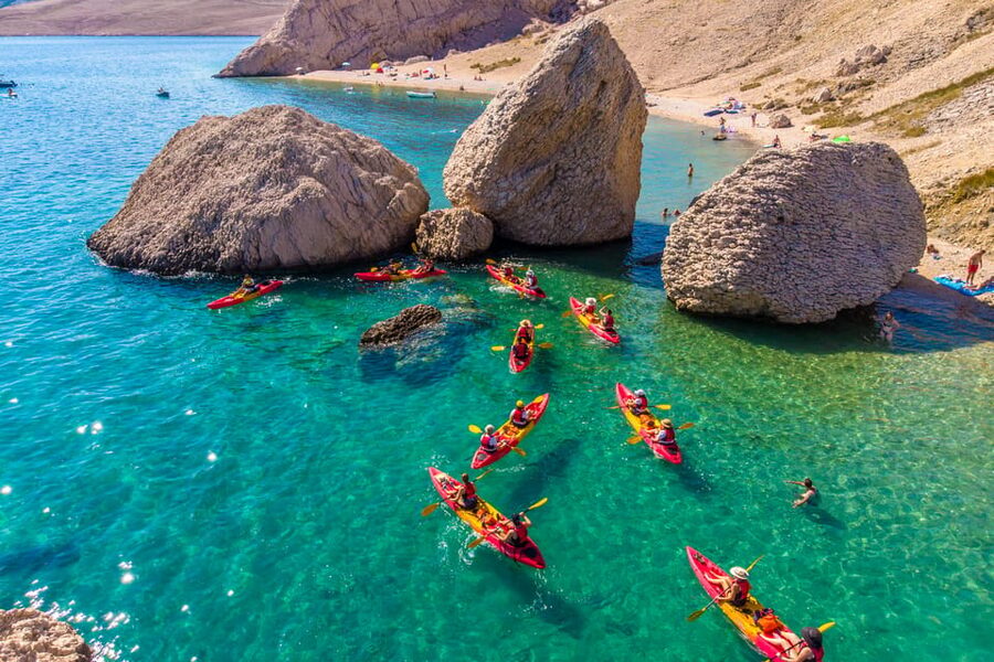 From Metajna/Novalja: Pag Bay Guided Sea Kayaking Tour - From sandy coves to Gače Cave
