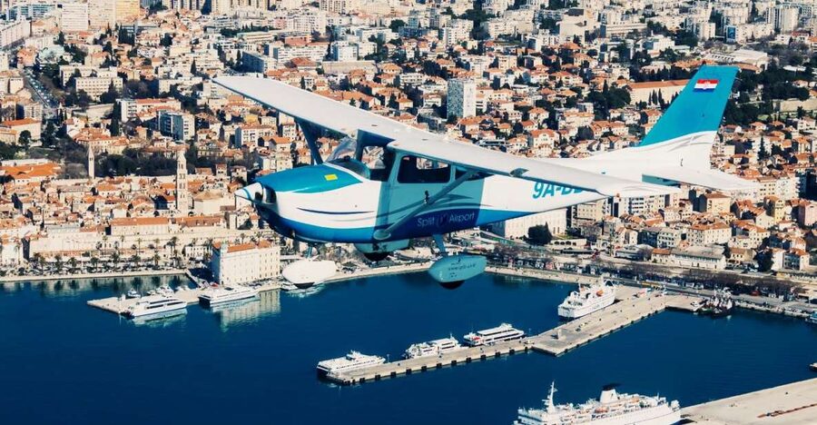 From Sinj: Panoramic Flight over Split - Split, Brač, Šolta, and Marjan in One Frame